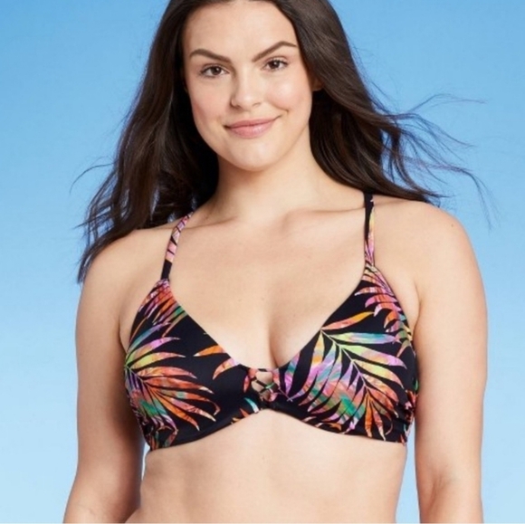 🌻2/$25🌻 Shade‎ &  Shore Black Tropical Print Lightly Lined Bikini Top 36B - Picture 2 of 10
